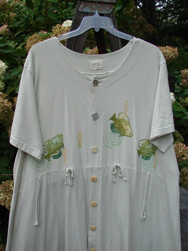 1999 Carry All Dress Goldfish Dust Size 2: A white shirt with fish on it. Features 8 original blue fish buttons, front loops, and a rear draw cord.