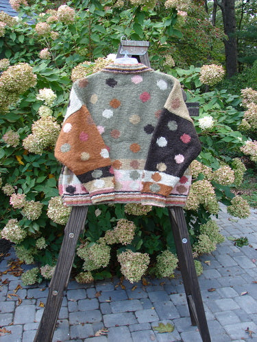 Tara Handknits Box Cardigan Sweater Naturals Polka Dot OSFA: A handcrafted vintage beauty with colorful patterns and contrasting knit accents. Cozy ribbed neckline, cuffs, and hem. Front metal cut buttons. Luxurious and collectible. Bust 60, Waist 60, Hips 60. Length 24 inches.