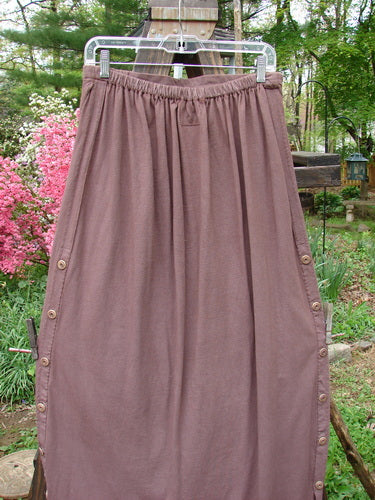 Barclay Button Panel Skirt Vegetable Sepia Size 2: A skirt on a clothesline with a long brown skirt featuring buttons and a painted harvest-themed panel.