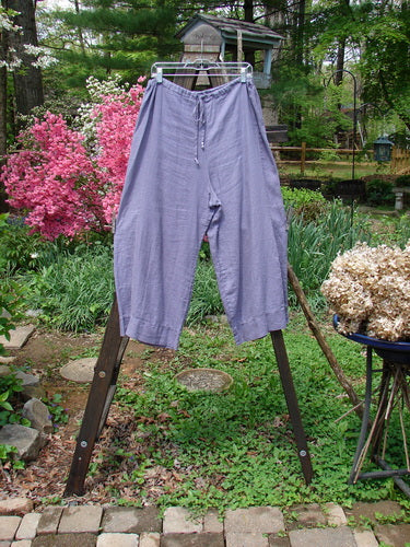 Barclay Linen Crop Drawstring Lounge Pant Unpainted Lavender Size 1: A pair of pants on a clothesline, featuring a banded cuff and a full drawstring waistband. Perfect for a slimming fall look.
