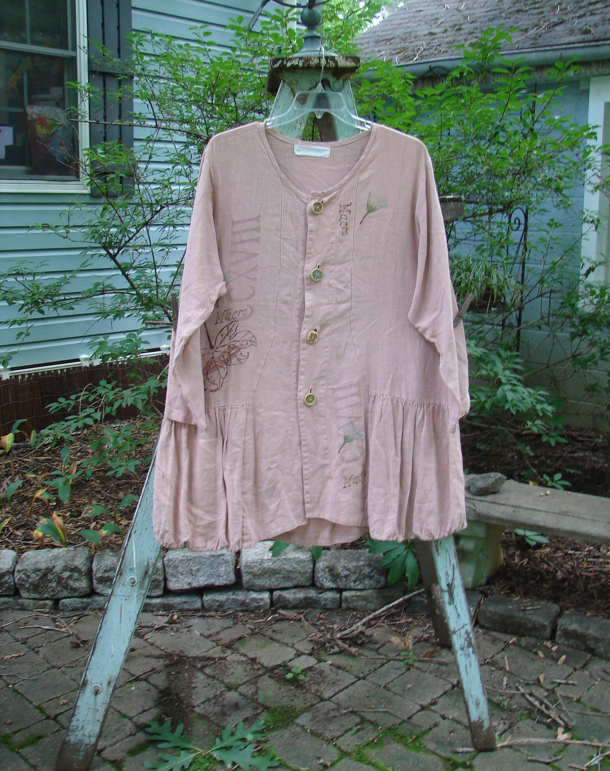 1998 Botanicals Meadow Jacket Macro Mallow Size 1: A pink linen jacket with ceramic buttons, a flounce, and botanical theme paint.