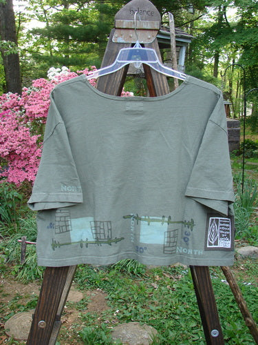 2000 City Side Crop Tee Top on a swinger. Organic cotton shirt with navigation border paint, big sleeve accents, vented sides, and rolled neckline.