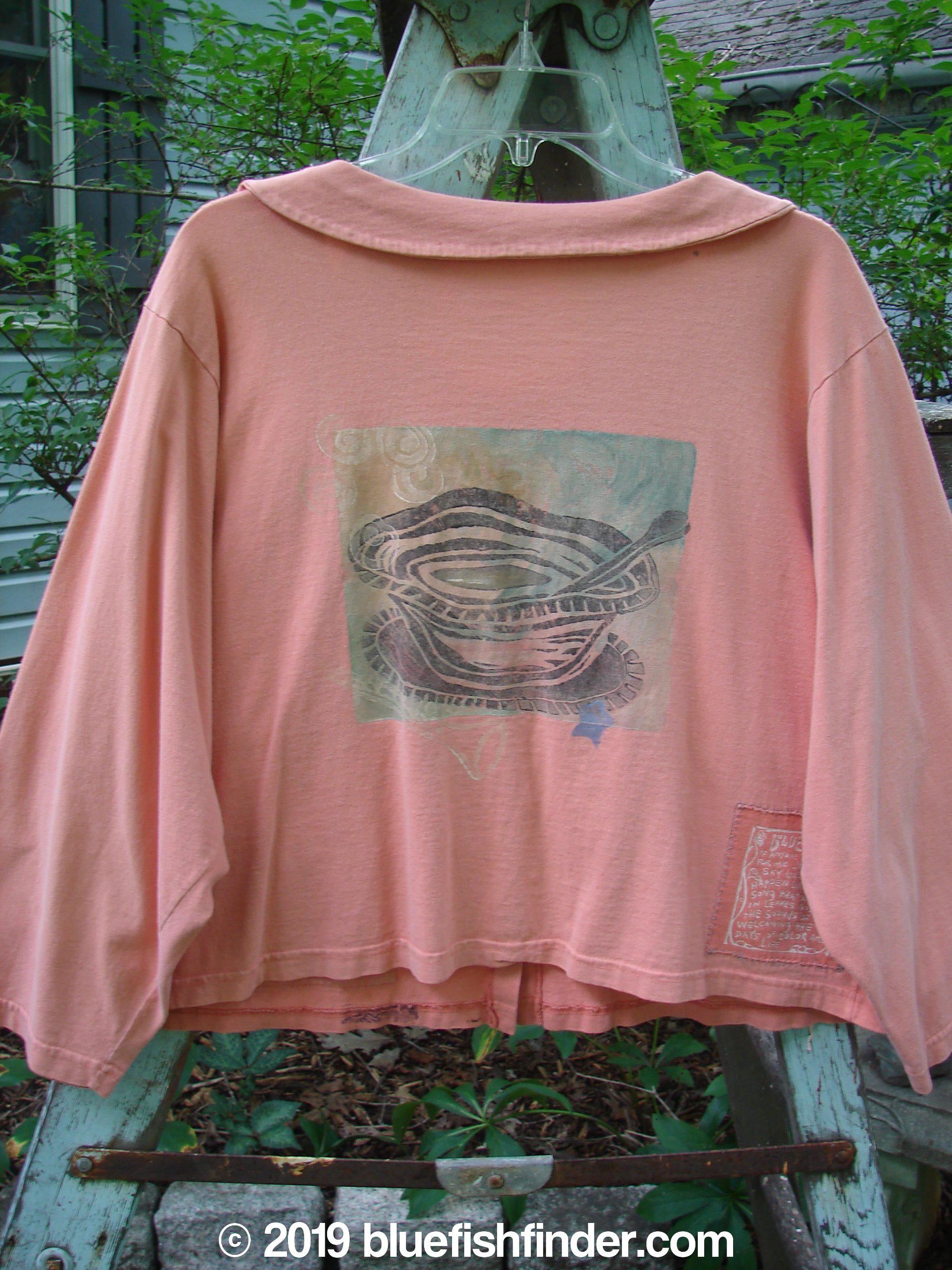 1994 Box Pocket Jacket Reef Harp Star Size 1: A pink jacket with a picture on it, featuring a close-up of a plant, a drawing of a bowl, and a close-up of a fish.