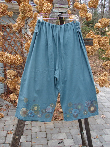 1993 Garden Pant with Circle Flower Design, Blue Teal, Size 2. Cropped wide shape, corded side ties, vintage paint.
