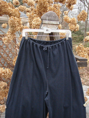 1994 Drawcord Pant Unpainted Midnight Size 1: A pair of pants on a rack. Full drawstring waistline, tapered lowers with elastic gathers. Generous hip measurement. Made from cotton jersey.