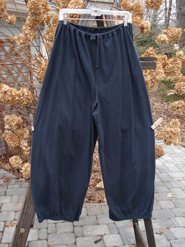 1994 Drawcord Pant Unpainted Midnight Size 1: A pair of pants on a clothes line, featuring a full drawstring waistline and elastic gathers on the tapered lowers.