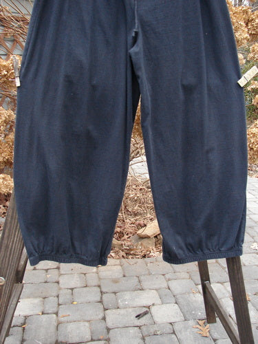 A pair of 1994 Drawcord Pants in Midnight, Size 1, on a rack. Full drawstring waistline, tapered lowers with elastic gathers.