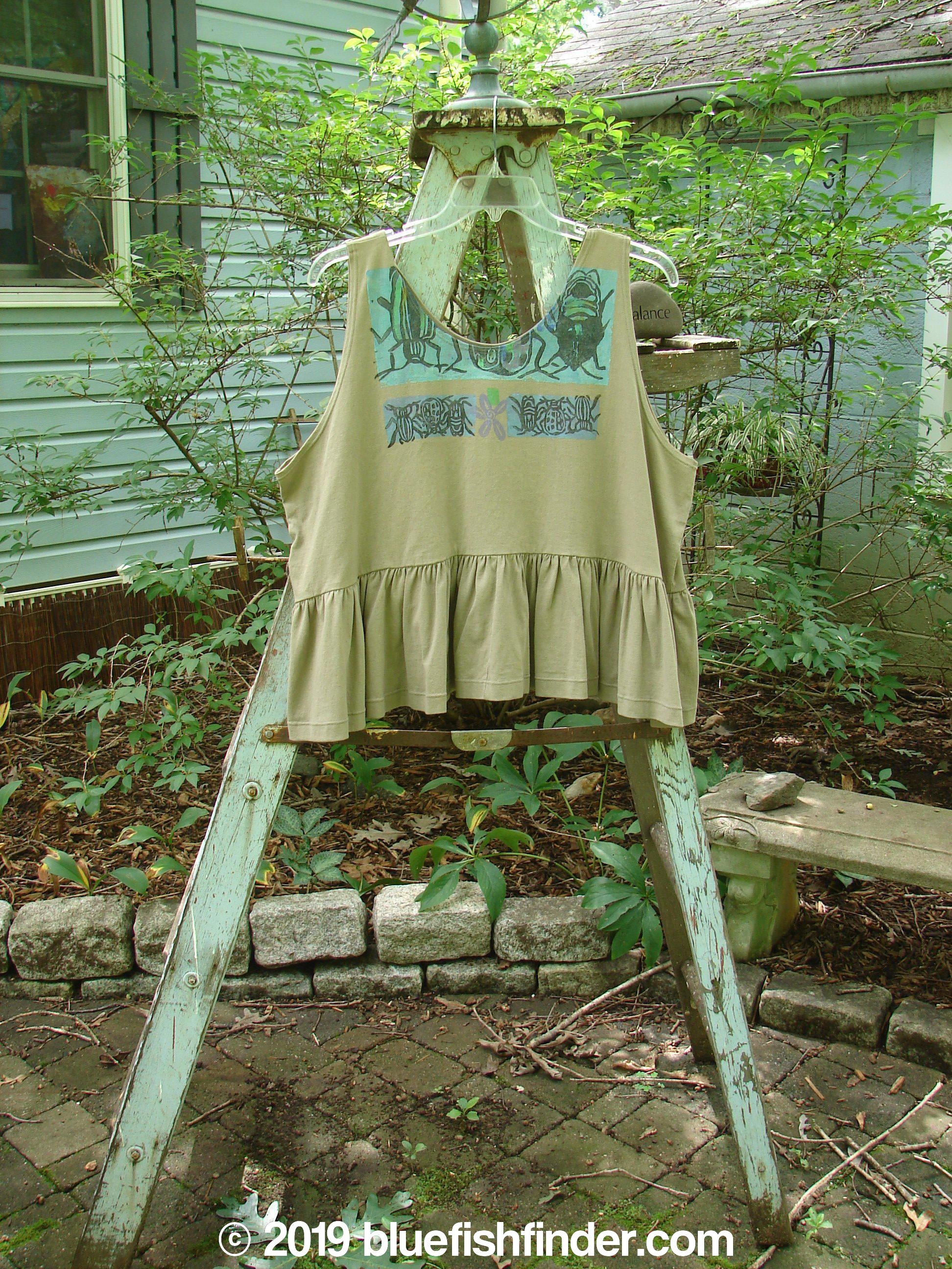 1992 Peplum Top Beetle Wheat OSFA: A rare vintage flounce top with a wide waist, yoked waist seam, and a huge gathered bottom flounce. Patched and painted in a vintage beetle theme.