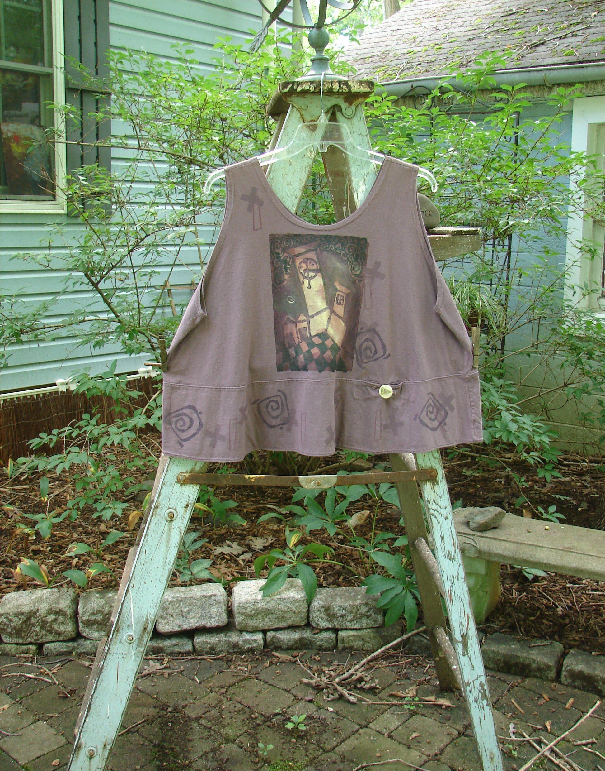 1995 Klee Button Top Cathedral Madder Lake Size 2: A shirt on a ladder with a close-up of a plant. Playful and collectible vintage Blue Fish clothing.
