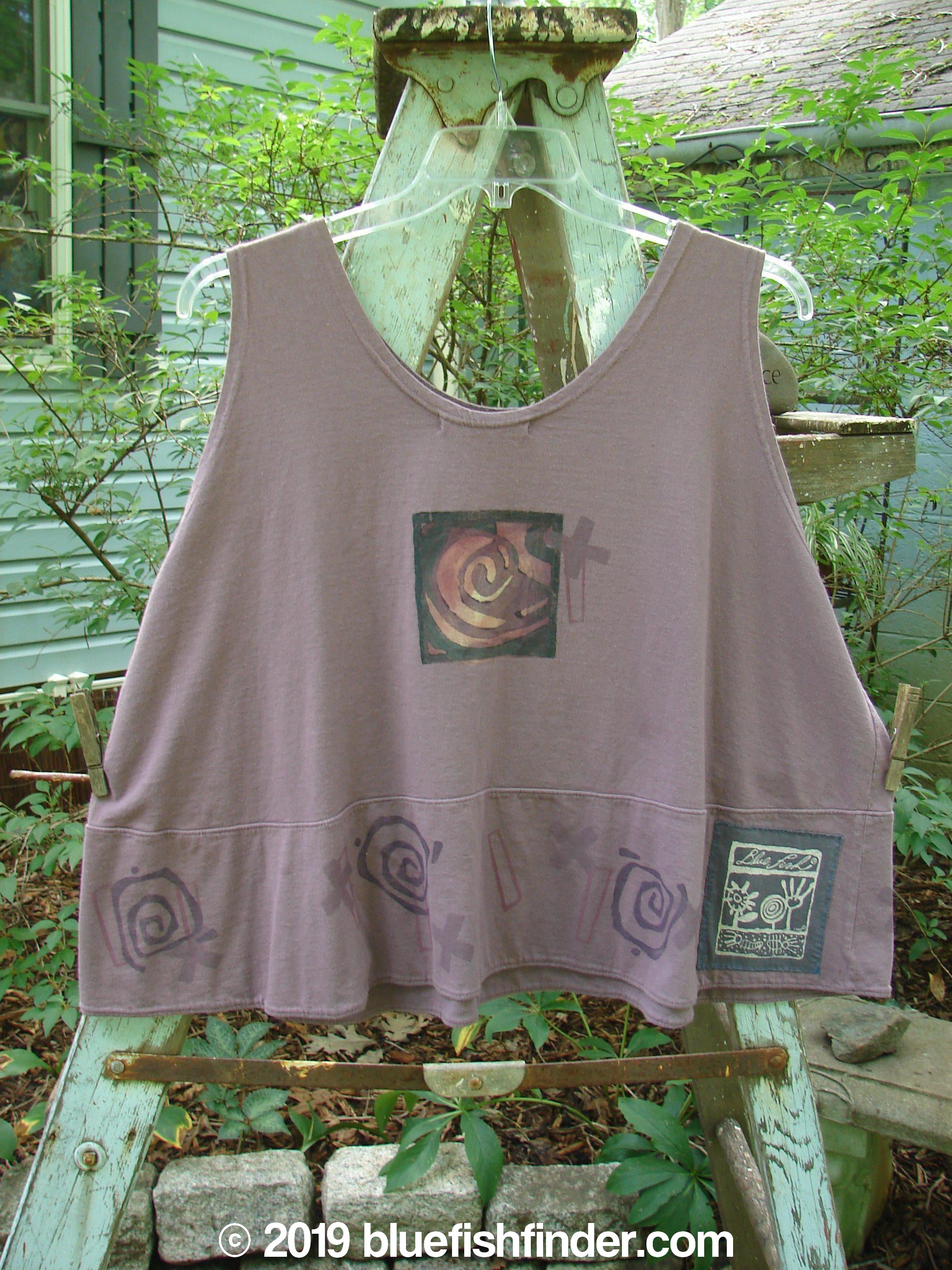 1995 Klee Button Top Cathedral Madder Lake Size 2: A swingy, A-line crop tank with a graphic design on it, featuring a sweet scooped neckline and a Blue Fish patch.
