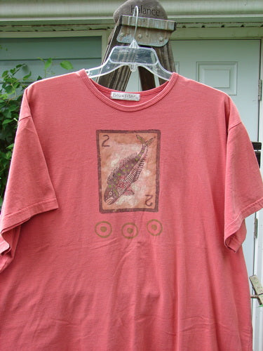 1998 Short Sleeved Tee with Go Fish Card Theme, featuring a red shirt with a fish drawing. Made from 100% Mid Weight Organic Cotton.