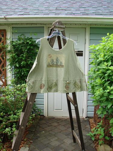 1995 Klee Top with Pine Forest print, size 2: Swingy A-line crop shape with double-layered hem panel and ceramic button. Blue Fish signature patch.