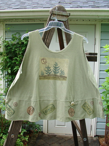 1995 Klee Top with Pine Forest Print, Size 2: Swingy A-line crop tank with a hand-stamped ceramic button and Blue Fish patch.