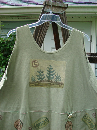 1995 Klee Top Pine Forest Marsh Size 2: Swingy A-line crop tank with pine forest theme paint, ceramic button, and Blue Fish patch.