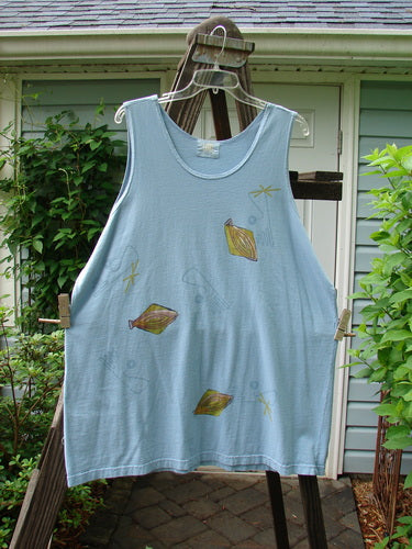 2000 Tank Top Fish Abstract Fish Water Size 2: Blue tank top with fish drawings, deeper arm openings, straighter longer shape, and a fun abstract fish theme paint.