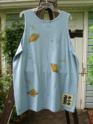 A blue dress with abstract fish theme paint and the Blue Fish patch, from the 2000 Summer Collection. Made from mid-weight organic cotton, it features deeper arm openings and a straighter longer shape. Bust 50, waist 50, hips 50, length 33 inches.