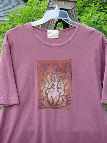 2000 Artist Choice Short Sleeved Tee with vintage vase theme painting on a purple shirt.