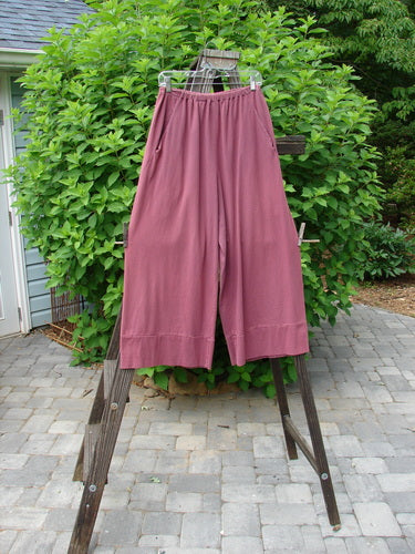 1992 Belle Pant Unpainted Pomegranate OSFA: A pair of pants on a rack, featuring a widening leg and banded cuff. Perfect condition, made from medium weight cotton jersey.