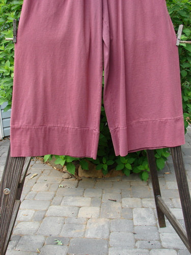 1992 Belle Pant in Pomegranate, a pair of pink pants on a clothesline. Medium weight cotton jersey with a widening leg and banded cuff.