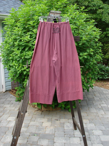 1992 Belle Pant Unpainted Pomegranate OSFA: A pair of pants on a clothes rack, featuring a widening leg and banded cuff. Perfect condition, made from medium weight cotton jersey.
