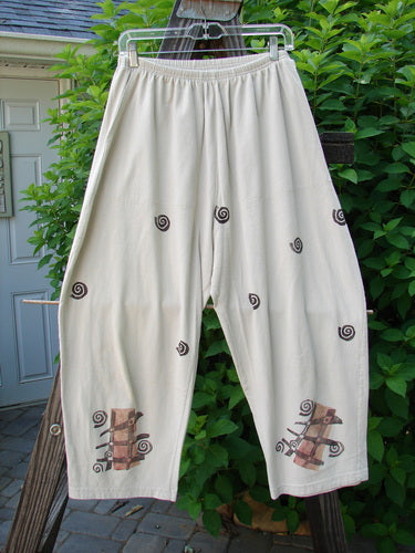 1994 Wanderer's Pant Tic Tac Mist Size 1: Medium weight cotton jersey pant with spirals. Crop length, elastic waist, side pockets. Unique vintage piece from Blue Fish Clothing's Winter Collection.