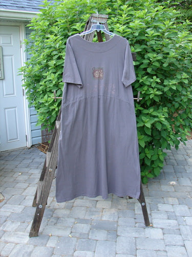 1999 Windmill Dress Butterfly Raven Size 2: A grey shirt on a clothes rack. Flattering A-line shape, double paneled neckline, yoked waist, and curved bodice. Features deep side pockets and nature-themed paint.