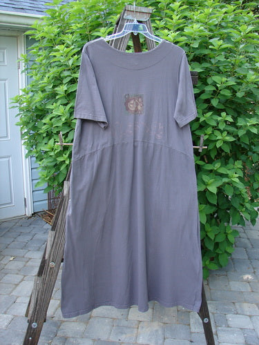 1999 Windmill Dress Butterfly Raven Size 2: A grey shirt on a clothes rack, featuring a squared and double paneled neckline, downward yoked waist, and flared hemline.