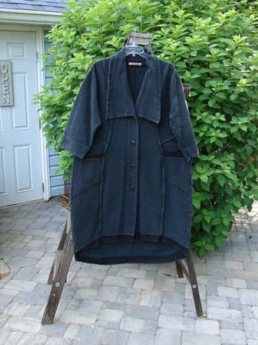 Image alt text: Barclay Thatch Big Collar Coat, Deep Forest, Size 1, heavy weight cotton herringbone fabric, oversized foldable collar, exterior stitchery, drop front pockets, V stitched upper back seams, cuffed lower sleeves, four button closure.