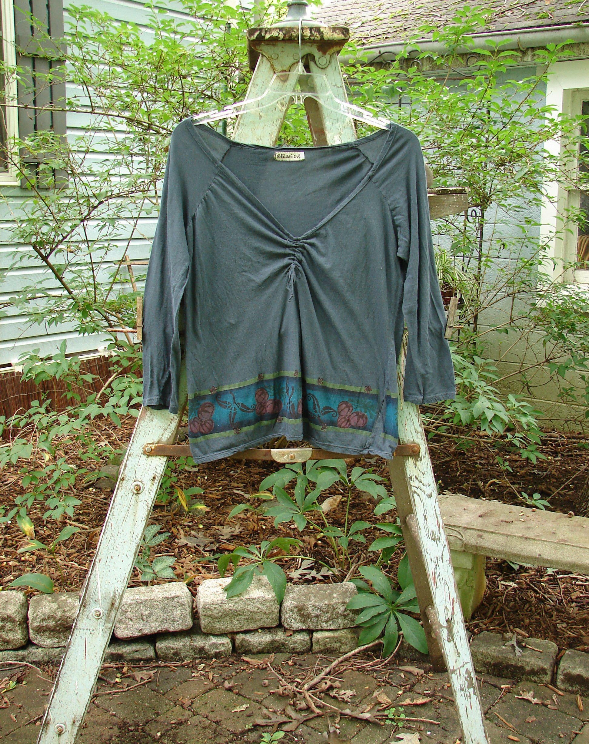 Image alt text: Barclay Batiste Decora Gather Top with gourd farm theme, navy, size 1, on a ladder