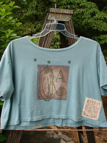 1994 Song Top Multi Letter "K" Ice Size 1: A blue shirt on a swinger with a wide boxy shape, shallow neckline, and vintage buttons. Features a painted breast pocket and Blue Fish patch.
