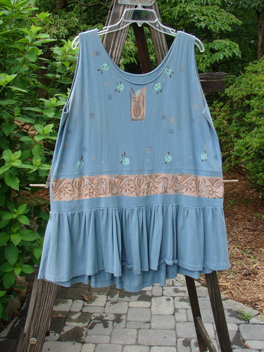 1990 Button Tier Top with tiny vase pattern on blue dress.