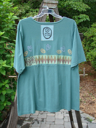1993 3 Square Dress with Multi Diamond Pattern and Blue Fish Patch on Grey Green Cotton - OSFA