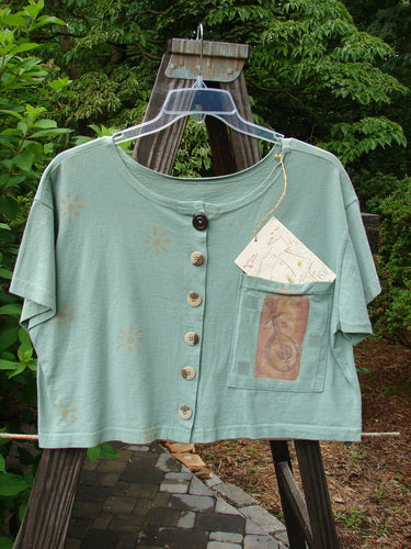 1994 NWT Song Top Mandolin Aloe Size 1: Green shirt with pocket, letter, tattoo, paper, plant, and wood close-ups. Vintage Blue Fish Clothing.