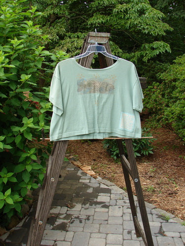 1994 NWT Song Top Mandolin Aloe Size 1: Vintage green shirt on a clothesline with wide boxy shape, shallow neckline, and painted breast pocket.