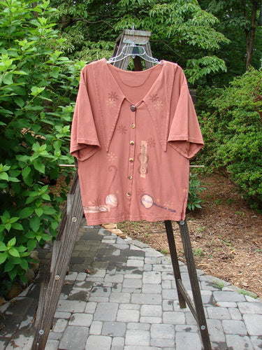 1994 Compass Top Mixed Terra Size 2: Pink shirt with cat design on wooden rack. Vintage buttons, sweet side vents, and garden creature theme paint.
