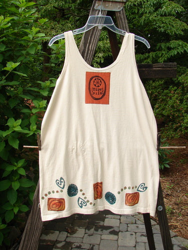 Image alt text: "1993 Little Tank Dress with Vase Tea Dye Design - Vintage Blue Fish Clothing - Mid Weight Cotton - Straight Tank Line Cut - Abundant Painted Vase and Heart Theme - Blue Fish Patch - Smaller Size - Bust 42, Waist 42, Hips 42, Length 34"