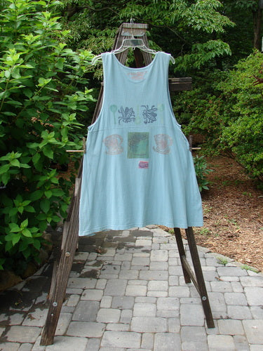1994 Tuesday's Dress, a blue shirt on a clothes rack, with buggie theme paint and three buttons"