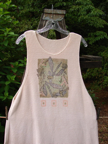 1994 Vent Vest Sweater Jumper Dragonfly Tea Dye Smaller OSFA: A white tank top with a bee design on it, featuring clay front buttons and a whimsical nature paint detail.