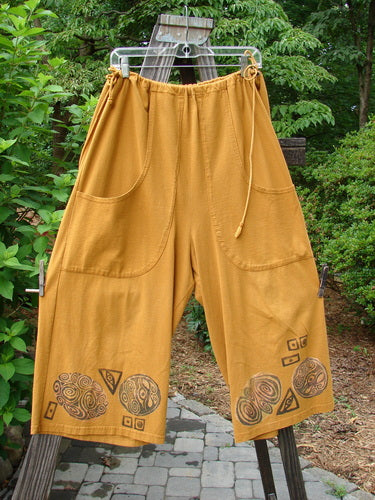 1993 Garden Pant Swirl Circle Oro Size 1: Funky crop pants with side ties, deep pockets, and vintage swirl circle paint design.