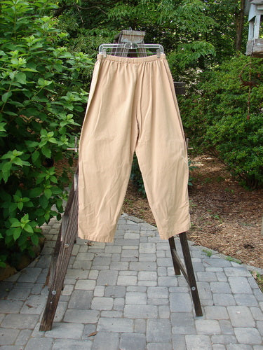 2000 Parachute Trekker Pant Unpainted Carmel Size 2: A pair of pants on a rack, close-up of the pants' fabric, additional knee fabric, slightly tapering lowers, full elastic waistline.