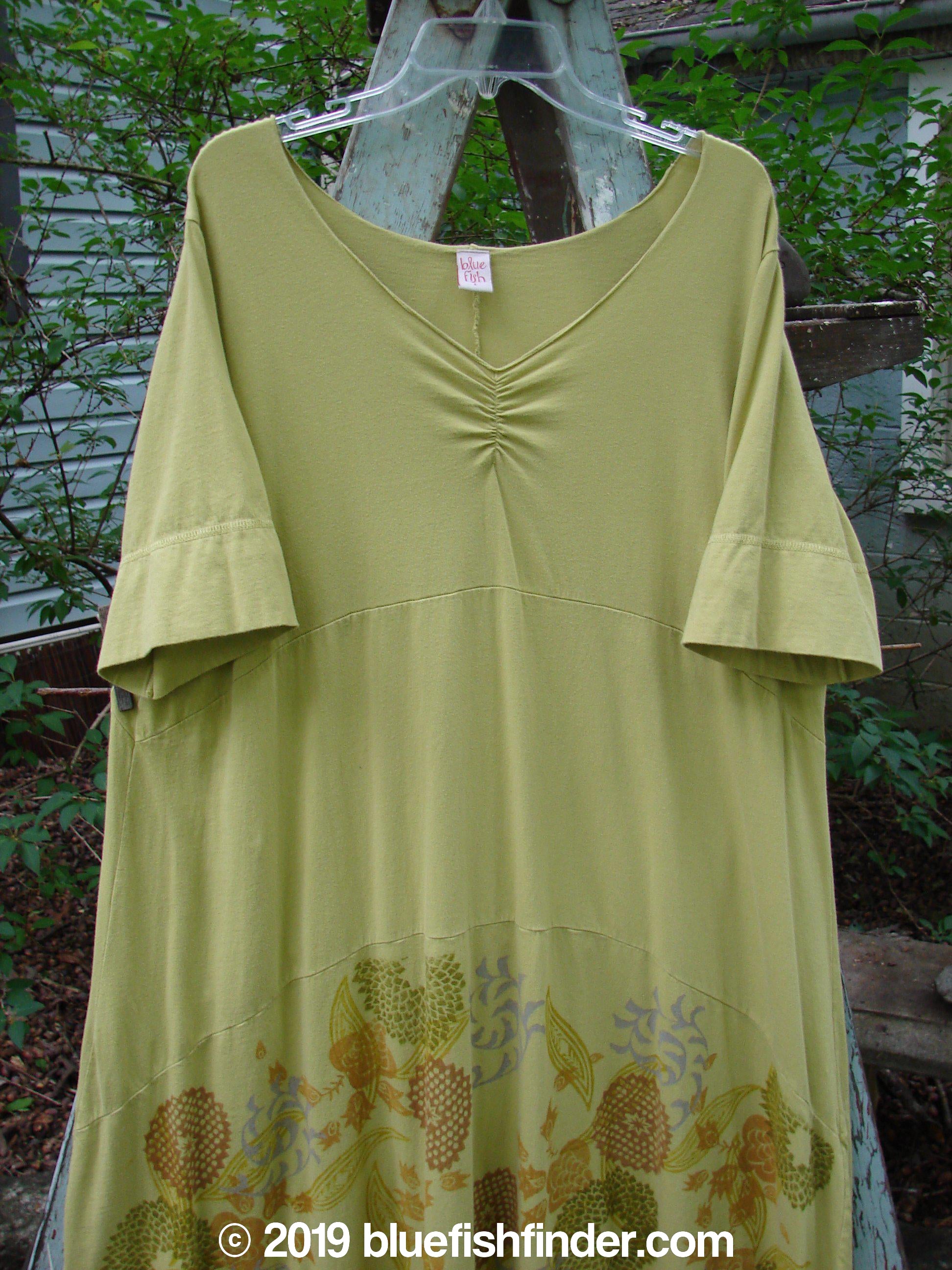 A green shirt with a floral design on it, part of the Barclay Gather Sectional Banded Petal Dress Whimsical Garden collection. Made from medium weight organic cotton, this dress features a lovely dippy side varying hemline, continuous downward shaped horizontal panels, and a sweet upper front vertical gather. It also has a V-shaped neckline, banded lower short sleeves, a hem bell accent, and a repeated banded circumference. The dress has a sweeping A-line shape and is adorned in the whimsical garden theme.