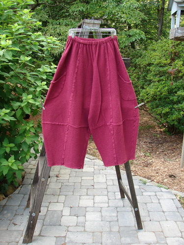 A pair of Barclay Crepe Sectional Pocket 4 Square Pants in Cranberry. Features include a unique bottom cut, generous hip pockets, and textured fabric. Size 1.