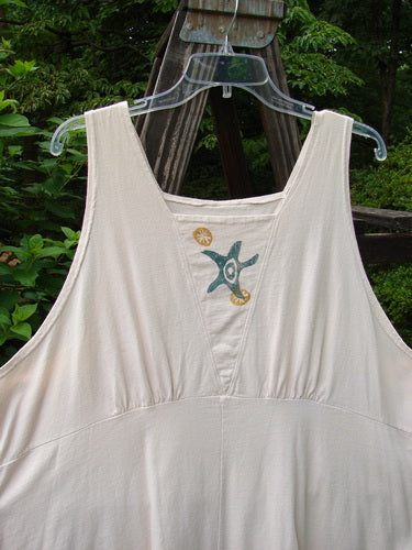 Image alt text: "1993 Cha Cha Jumper Starfish Teadye OSFA: A white dress with a design on it, featuring a squared off neckline, slight A-line flare, varying hemline, and gathered bust area. Signature Blue Fish patch and larger block prints in starfish and swirl theme. Perfect One Size Fits All Condition. Made from Mid Weight Cotton."