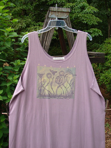 Image alt text: "1997 River Journey Dress in Jasmine, size 2, featuring a purple tank top with a graphic, natural growth theme paint, and a Blue Fish patch"