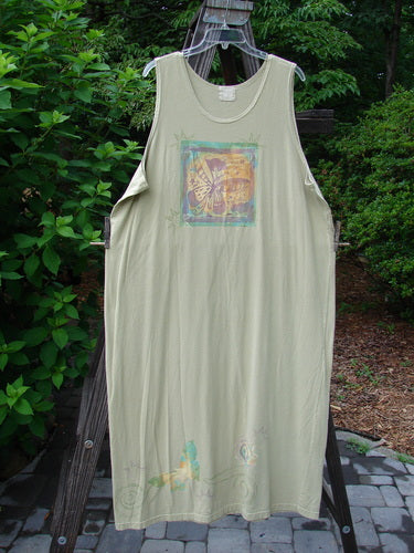 1999 River Journey Dress Butterfly Kelp Size 2: A white dress with a vibrant butterfly theme paint, made from mid-weight organic cotton. Features a scoop rounded neckline, deeper arm openings, and the signature Blue Fish patch. Bust 50, waist 50, hips 50, length 54 inches. Perfect condition.