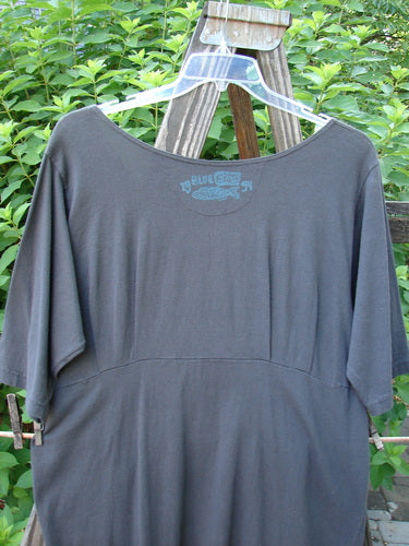 1994 Muse Dress Celestial Planet Blue Coal Size 1: A grey shirt on a swinger with tear drop pockets and buttons.