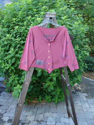1994 Curve Shirt Studio Umeboshi Size 1: A pink shirt on a wooden rack, perfect condition. Varying hemline, V-shaped neckline, original Blue Fish buttons. A true collector's wonder!