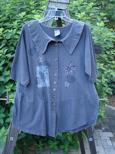 1994 Cross Collar Top Garden Bugs Blue Coal Size 1: Blue shirt with dragonfly design on a swinger, featuring a pointed sailor collar, original Blue Fish buttons, and a signature poetry patch.