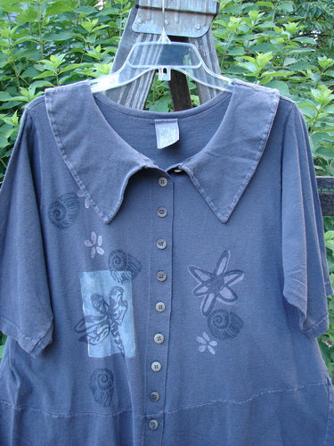 1994 Cross Collar Top Garden Bugs Blue Coal Size 1: A blue shirt with a butterfly, dragonfly, and snail design. Sailor collar, original buttons, cross stitchery, and vintage paint. Bust 44, waist 46, hips 46.