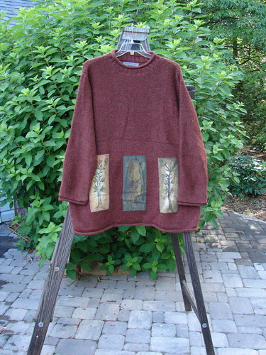 1998 Alpaca Patched Simple Tunic Sweater with oversized nature theme patches, ribbed collar, and dropped shoulders.